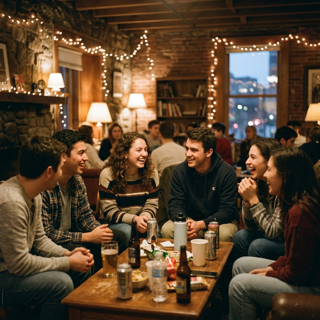College students sitting around a table laughing at a warm social gathering