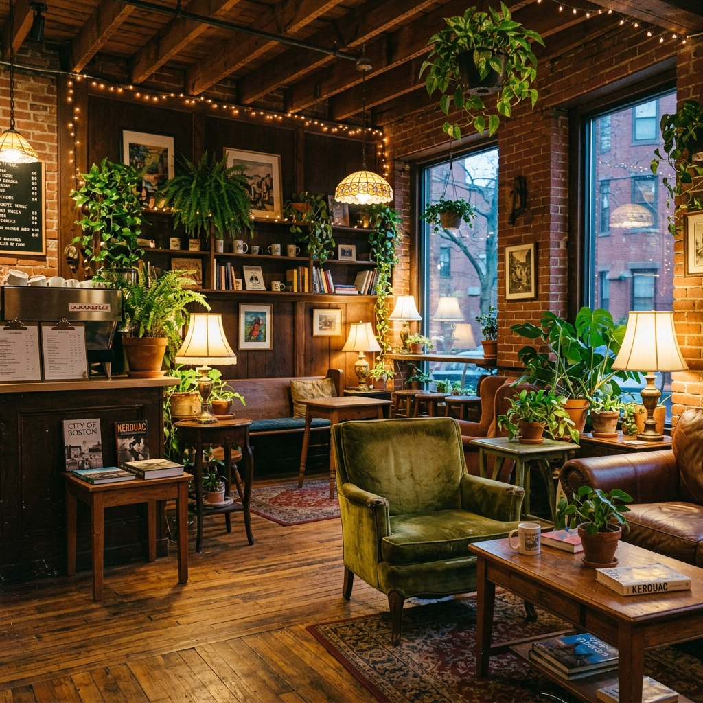 Cozy off-campus lounge with leather armchairs, green plants, and warm lighting