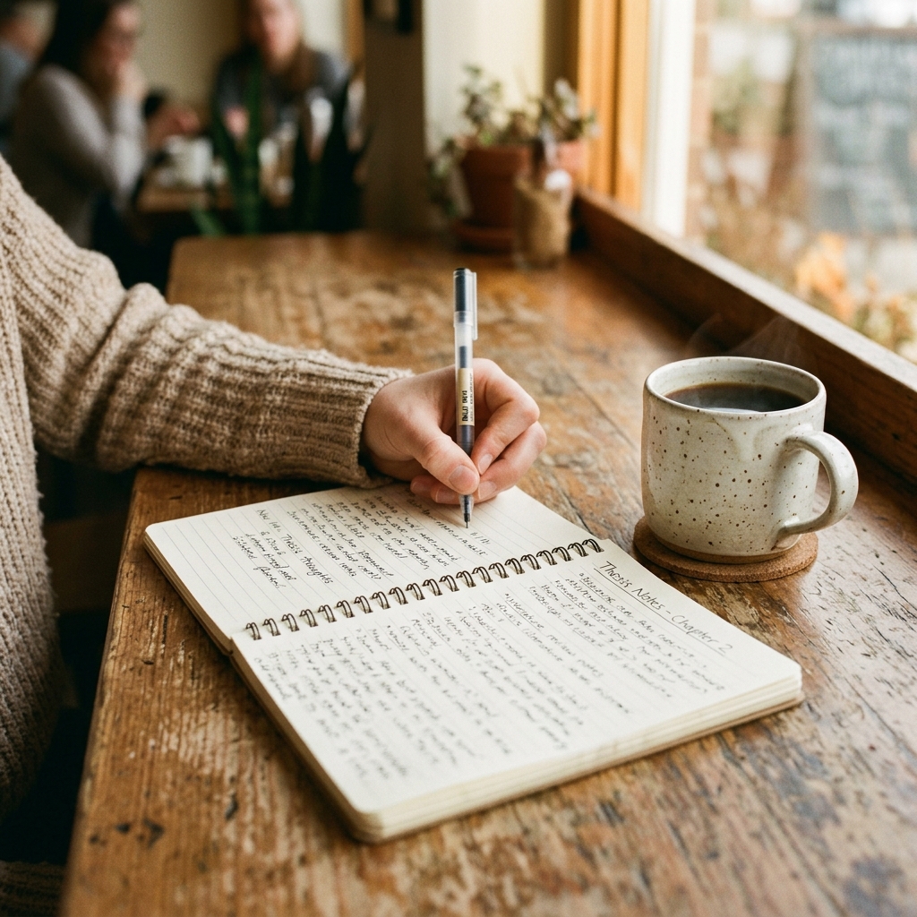 Hand writing in a notebook next to a warm cup of coffee on a wooden desk