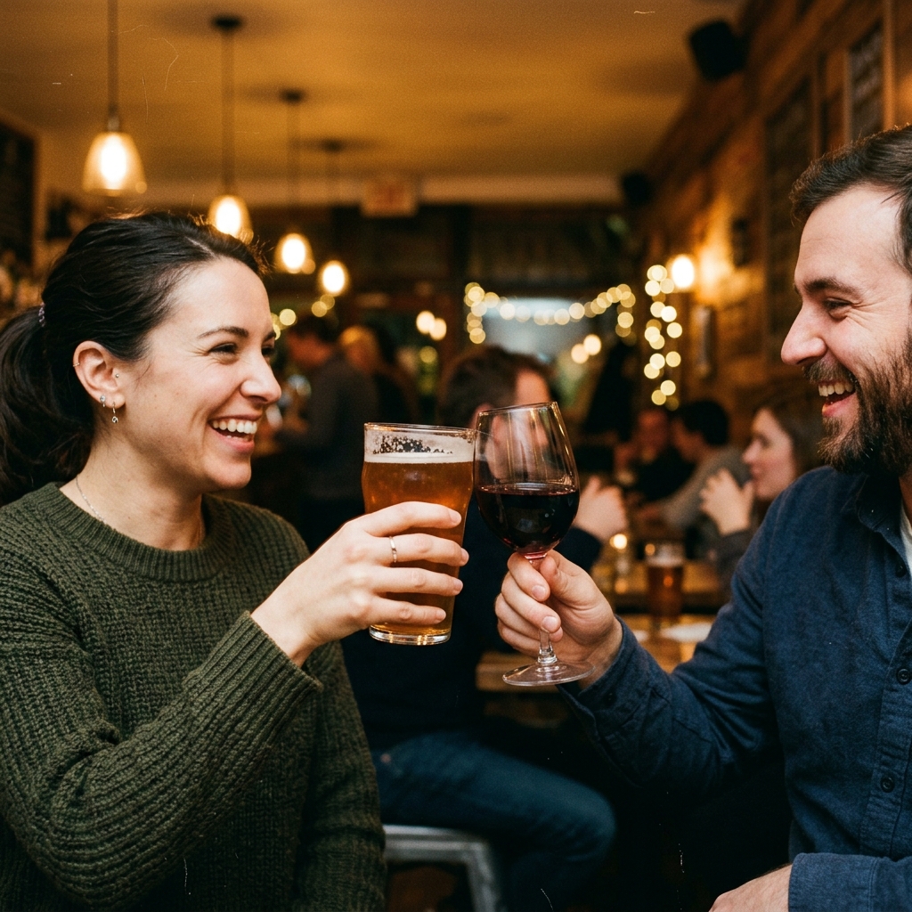 Two people laughing and clinking their drinks together in a cozy cafe