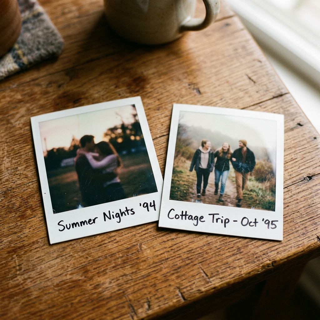 Two warm Polaroid photos sitting on a table showing happy couples